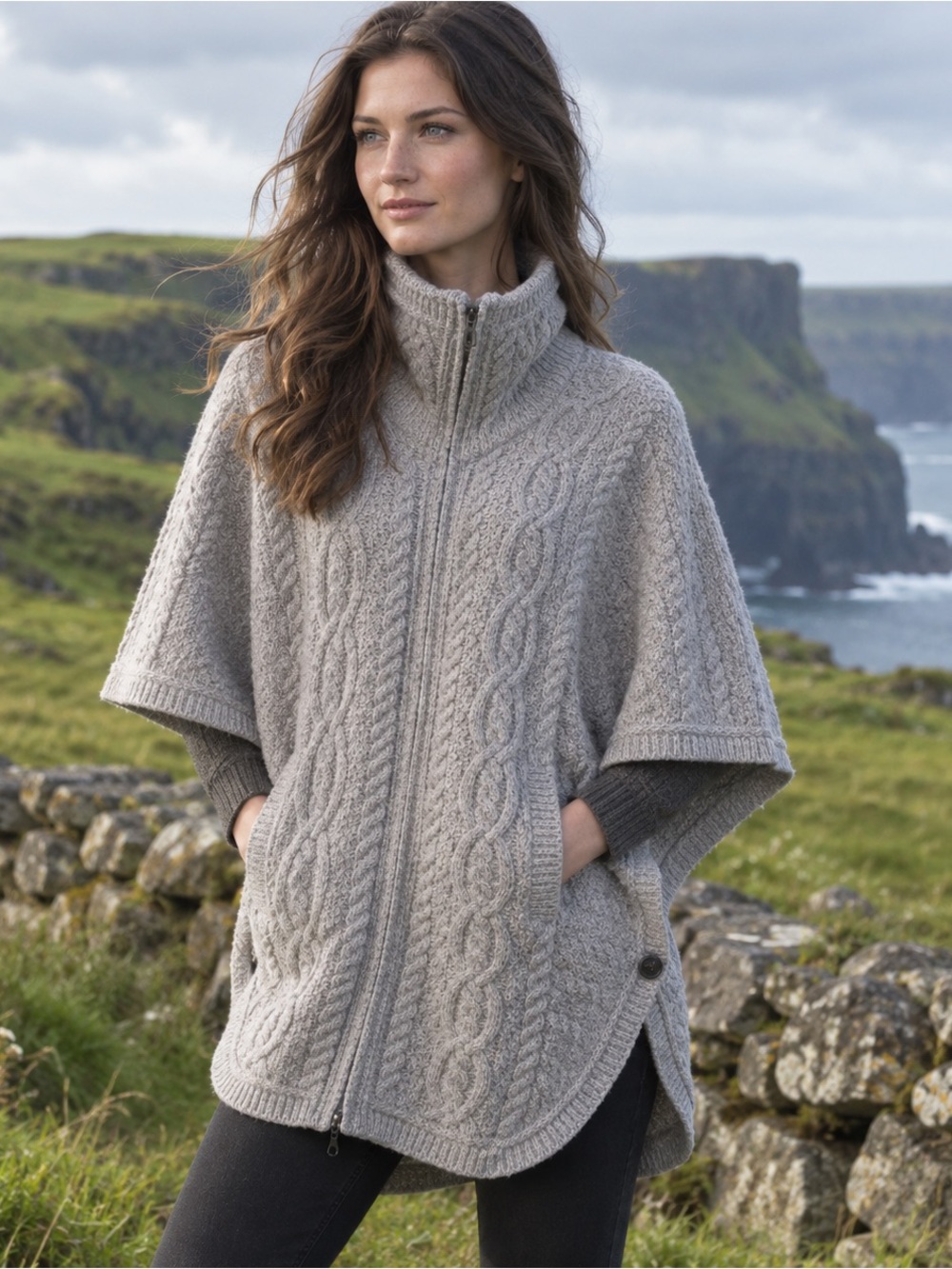 NWT Inis Crafts 100% Merino Wool Cable Knit Cape Zip Sweater Ireland Turtle Neck